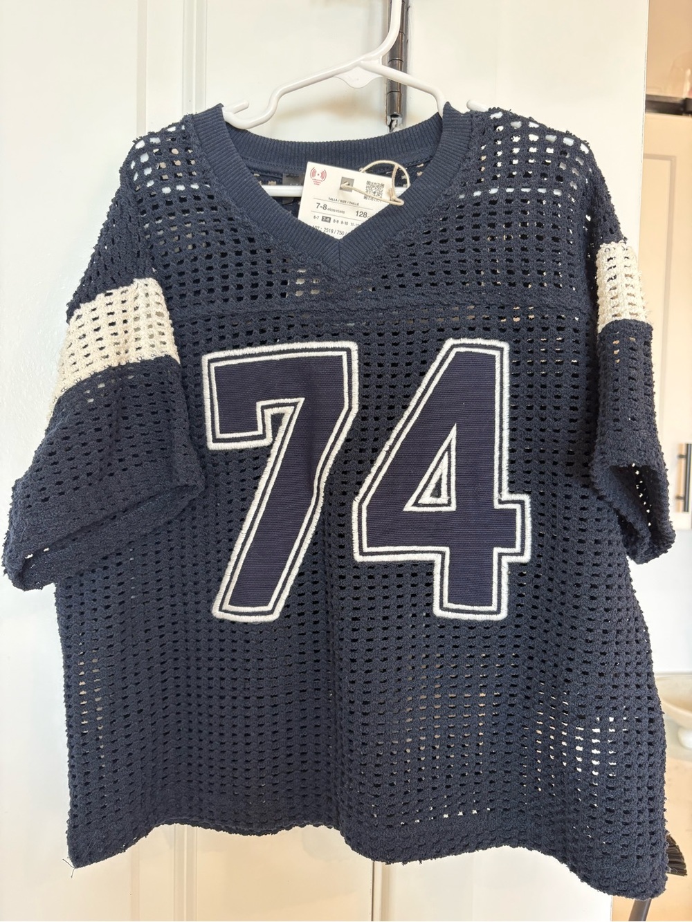 Zara Navy and White Crochet '74' Jersey Top
